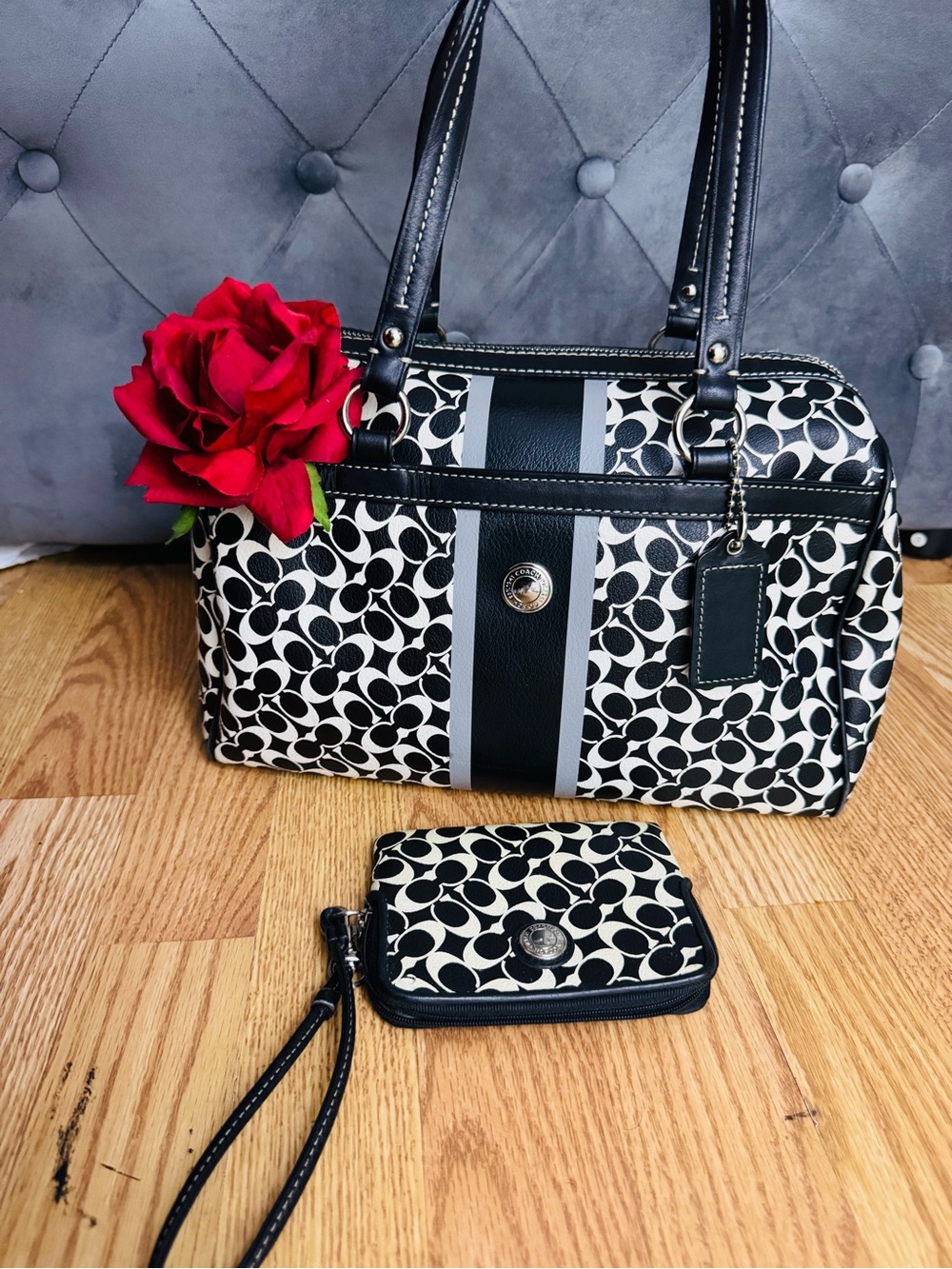 Coach Chelsea Heritage Black and White Signature Stripe Satchel with Wristlet